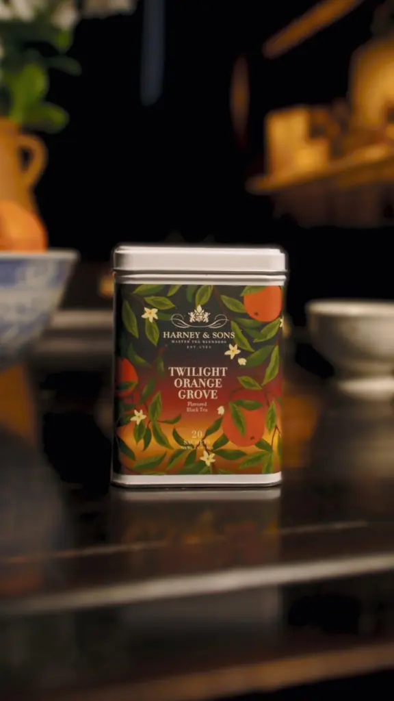 Harney & Sons Twilight Orange Grove tea tin on a counter