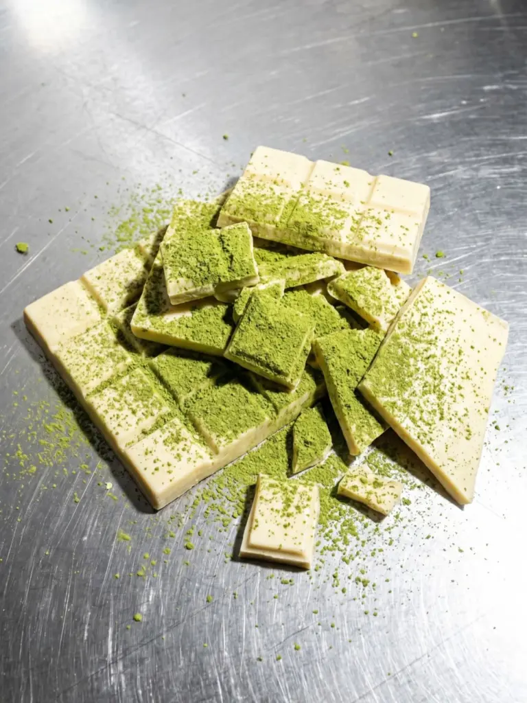 Broken pale confection bars dusted with green powder on a metal surface