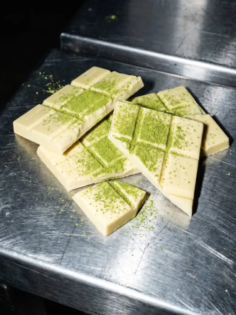 Stacked pale segmented bars dusted with green powder on stainless steel