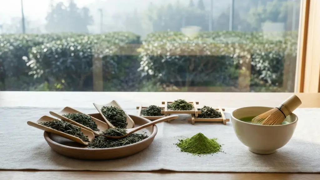 Several trays of harvested tea leaves being combined beside matcha powder and a ceramic bowl, with shaded tea rows behind.