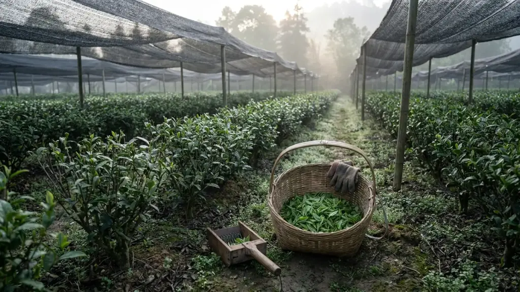 Covered tea garden in cool spring light with a small basket of freshly harvested leaves.