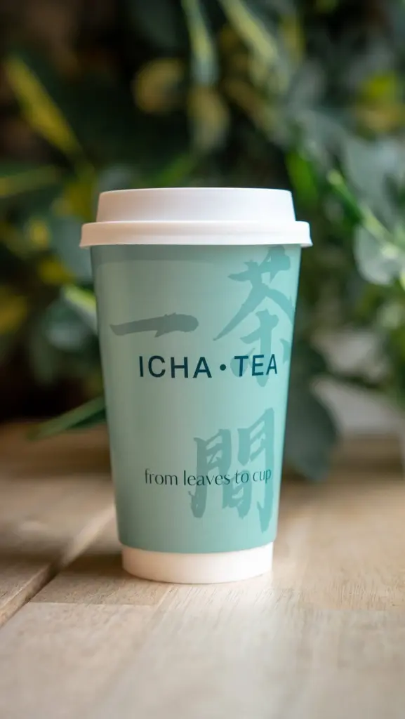 Turquoise ICHA TEA takeaway cup with a white lid on a wooden table