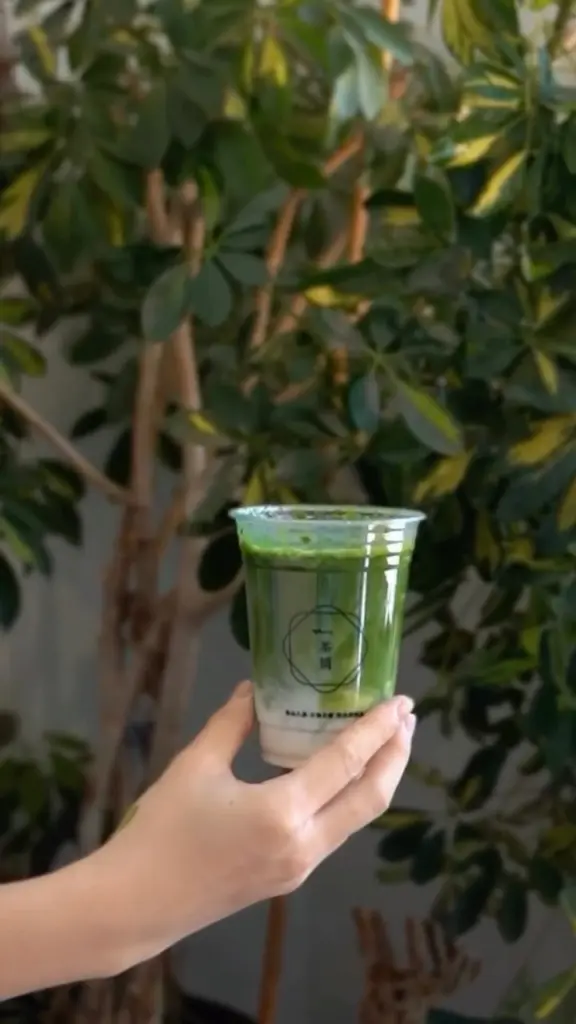 Hand holding a clear cup with a layered green and white iced drink
