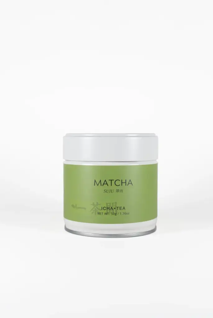 White matcha tin with green label reading MATCHA SUIU and ICHA TEA, net weight 50g