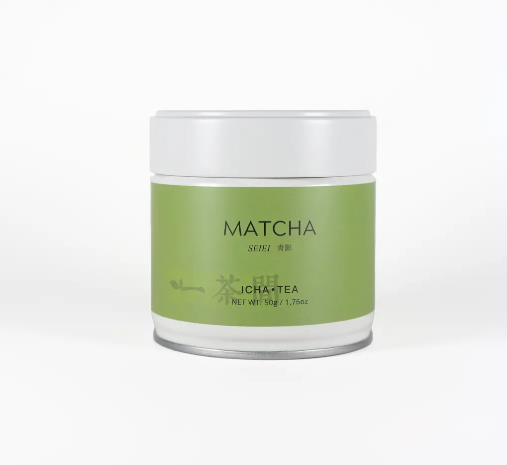 White matcha tin with green label reading MATCHA, SEIEI, ICHA TEA, net weight 50g