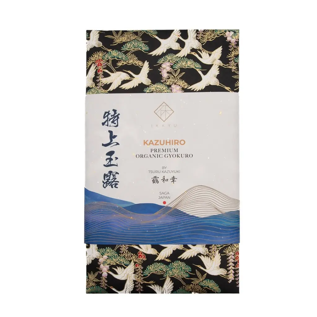Kazuhiro gyokuro package with blue waves and a crane-patterned wrapper