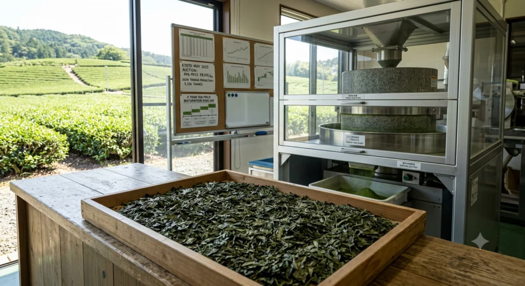 A matcha production room with a mechanized mill and tencha leaves, alongside industry data charts, overlooking terraced green tea fields.
