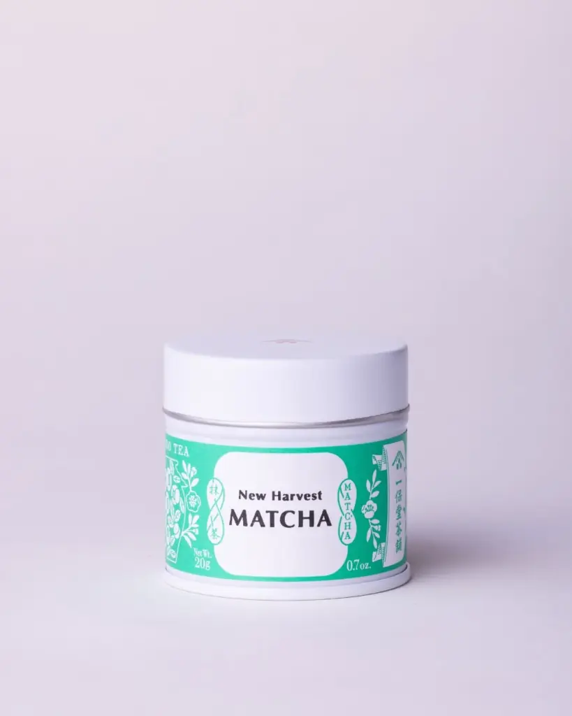 White Ippodo Tea tin with a green New Harvest Matcha label