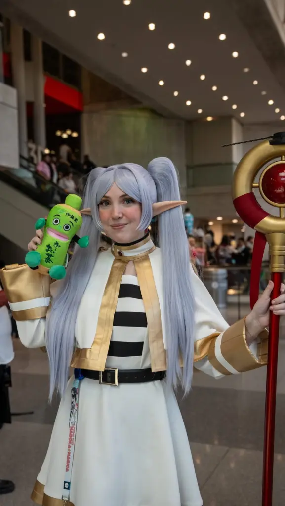 Costumed person holding a green Oi Ocha bottle plush and a red staff