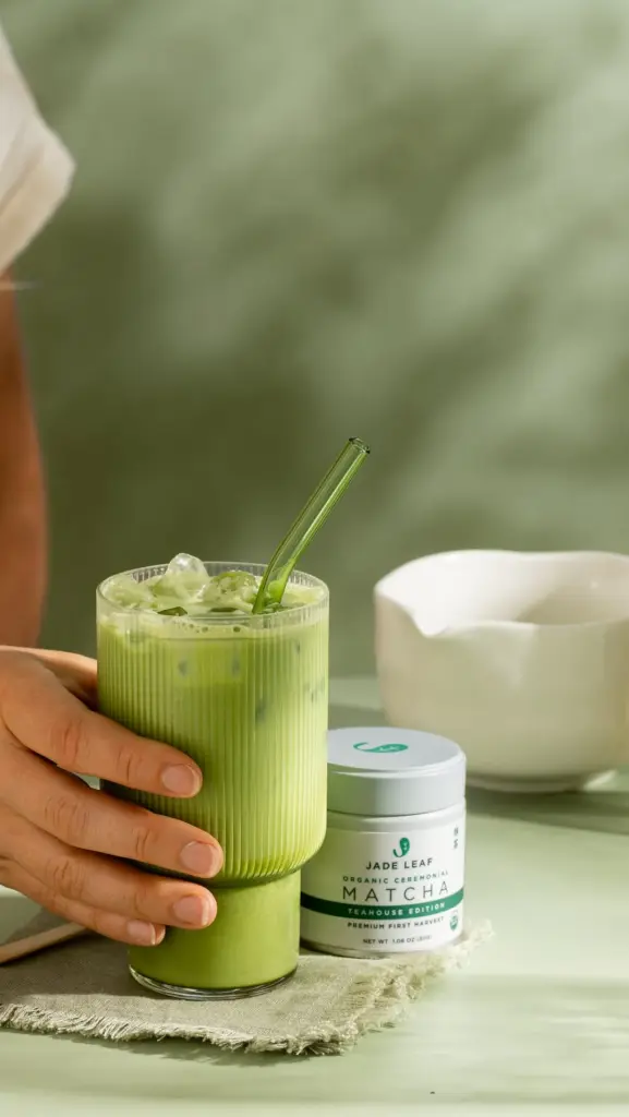 Hand holding a ribbed glass of iced green matcha beside a Jade Leaf Matcha tin