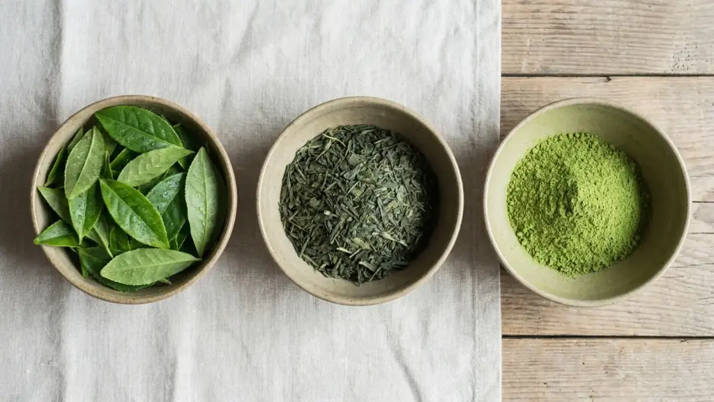 Fresh tea leaves, dried tencha flakes, and fine green matcha powder arranged in ceramic dishes on pale linen.