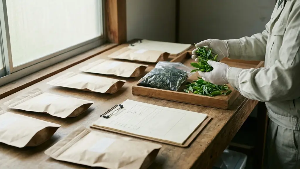 Hands inspect fresh tea leaves beside blank forms and unlabeled sample bags