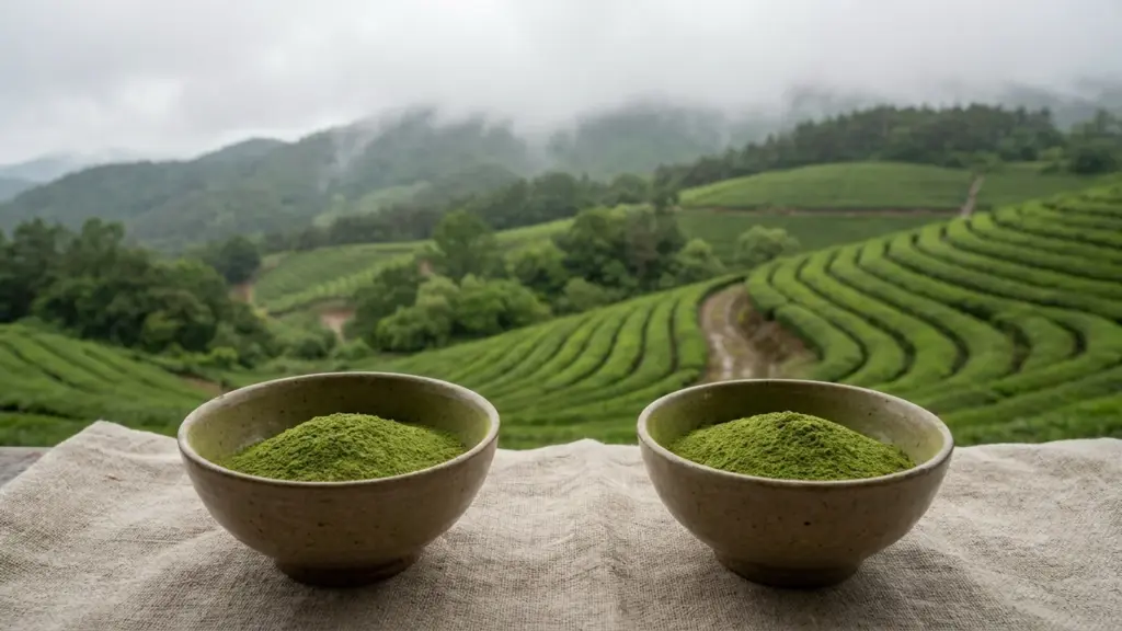 Green tea rows cross humid rolling hills behind a plain ceramic bowl of finely ground green tea.