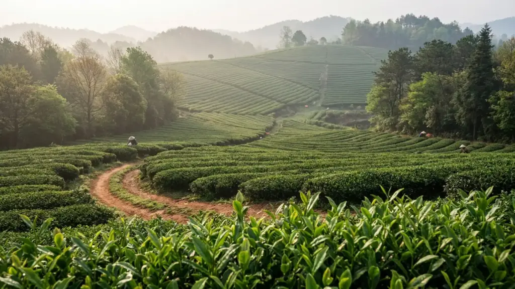 Neat tea rows on low wooded hills in the Jinhua area
