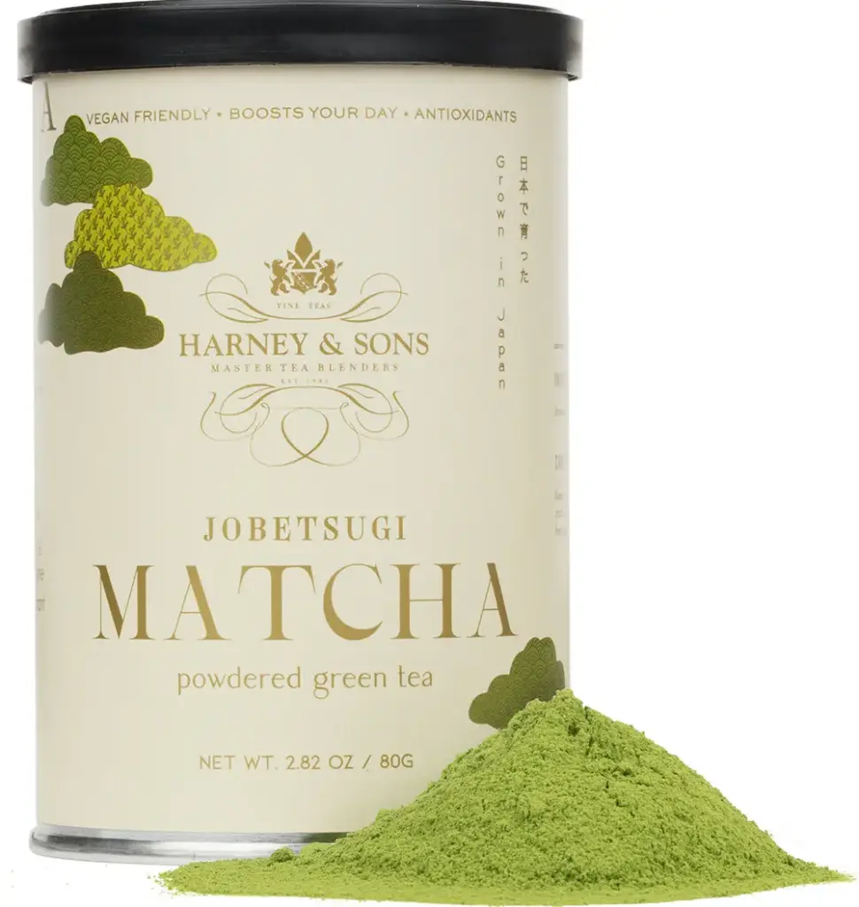Harney & Sons Jobetsugi Matcha 80 g container beside a mound of green matcha powder