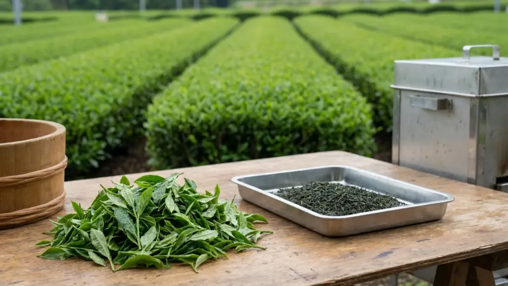 Fresh tea leaves and rolled sencha beside an open-air tea field.