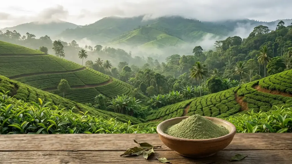 Tea-covered slopes descend into a humid green valley beside a ceramic bowl of finely ground green tea.