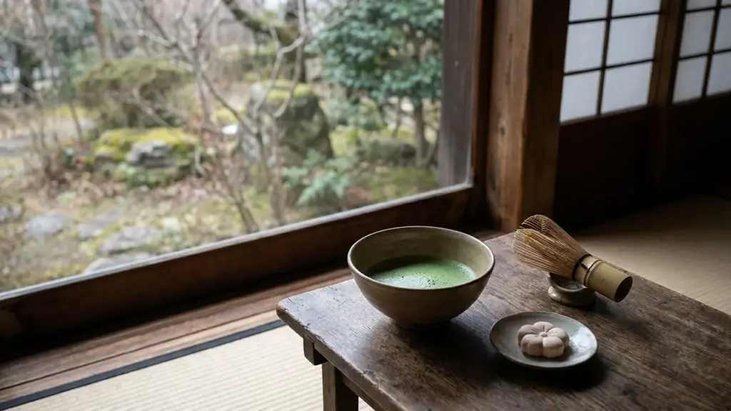 A bowl of whisked matcha and a small sugar sweet rest on a low wooden table beside tatami mats.