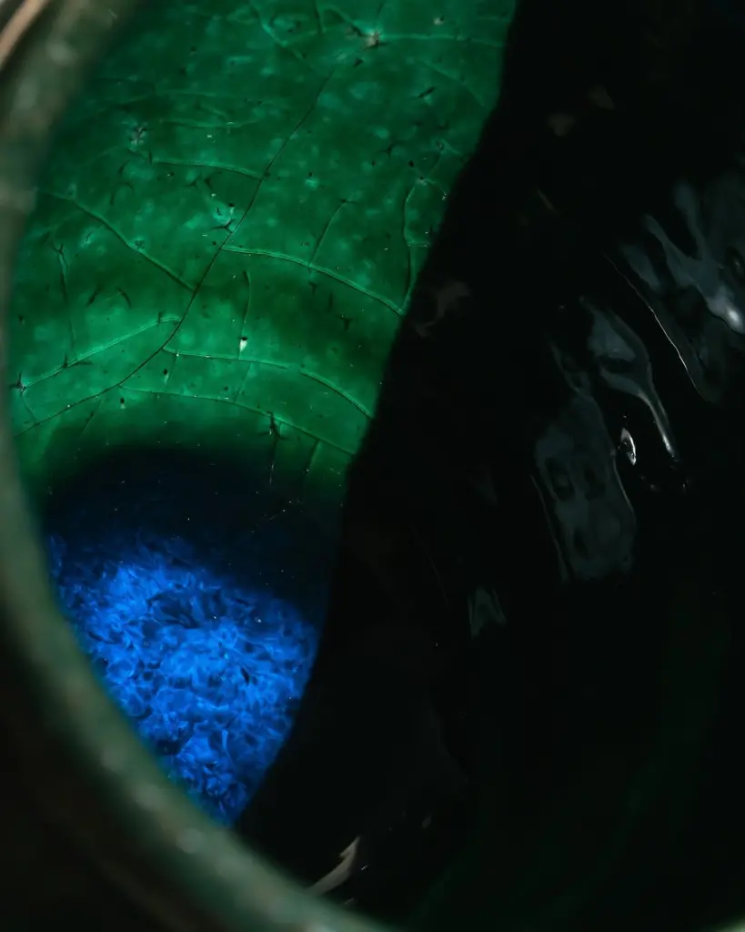 Close-up of a dark green glazed vessel with blue reflections