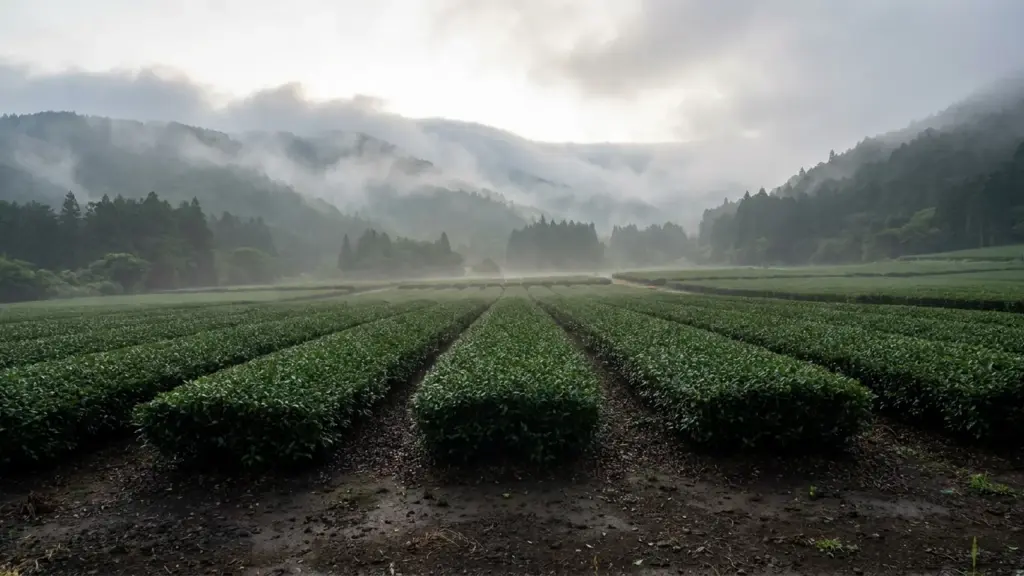 Rows of green tea plants grow on dark soil below misty forested foothills.