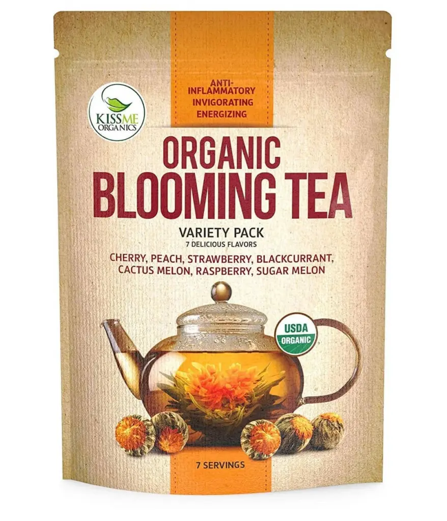 Kiss Me Organics blooming tea variety pack with teapot artwork
