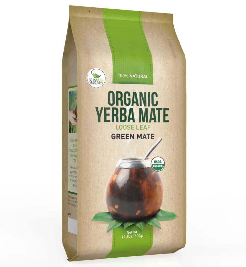 Beige and green bag of Kiss Me Organics loose-leaf yerba mate