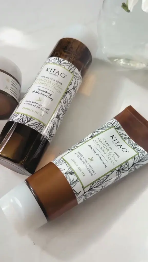 Kitao Matcha & Chia cleansing cream tube and essence lotion bottle