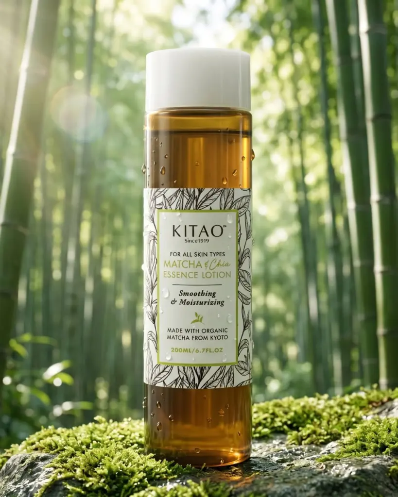 Kitao Matcha & Chia Essence Lotion bottle on a moss-covered rock among bamboo