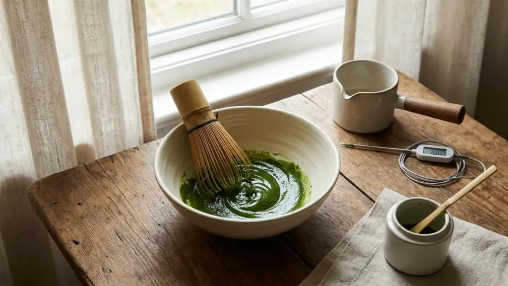 A bamboo whisk kneading thick, glossy matcha in a wide ceramic tea bowl beside a water vessel and thermometer.