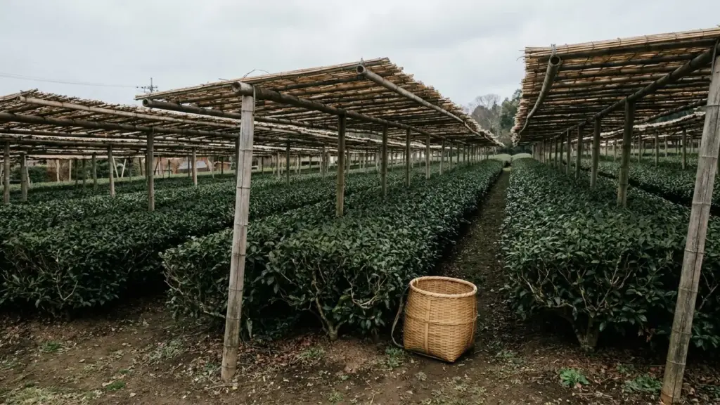 Rows of tea bushes beneath functional shade structures with a harvest basket at the field edge.