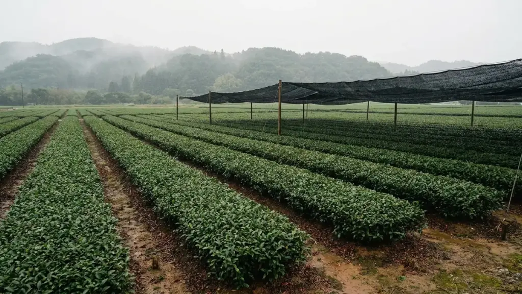 Tea rows grow on reddish-brown soil across a flat river-basin field, with shade cloth above part of the crop.