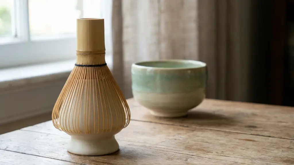 Bamboo matcha whisk drying on a pale ceramic whisk holder