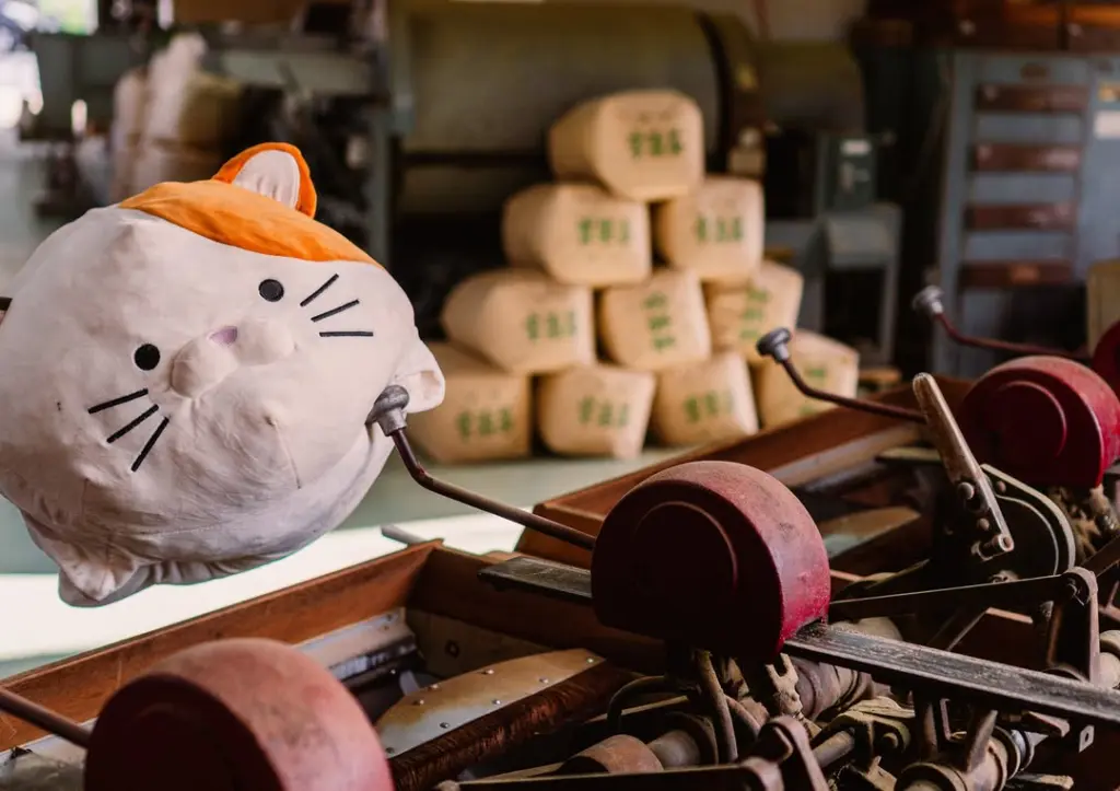 White and orange cat plush leaning over vintage mechanical rollers