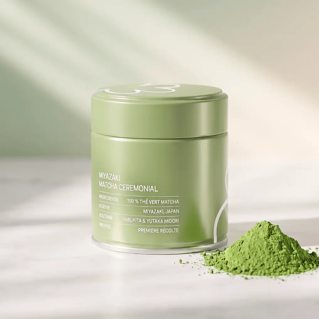 Green Le Miyazaki ceremonial matcha tin beside a mound of green matcha powder
