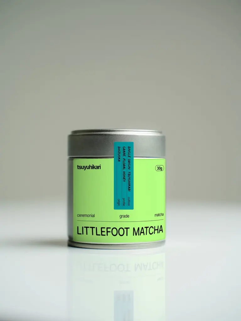 Littlefoot Matcha Tsuyuhikari tin with a bright green label
