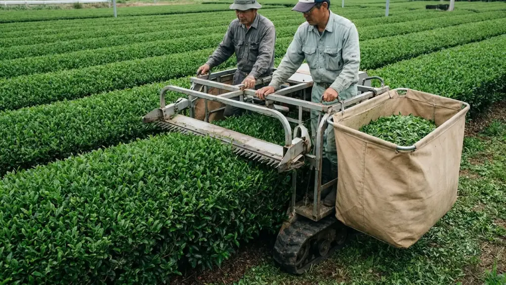 Two workers guide a compact harvesting machine across a row of tea bushes