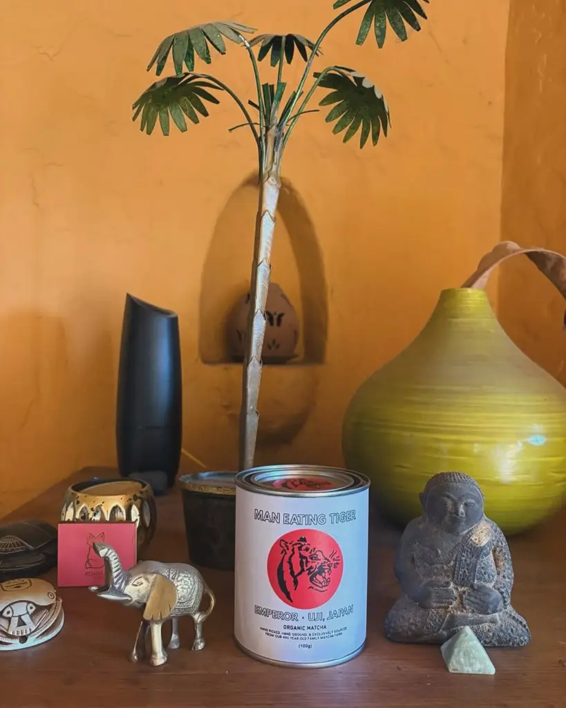 Man Eating Tiger Emperor matcha tin among decorative objects