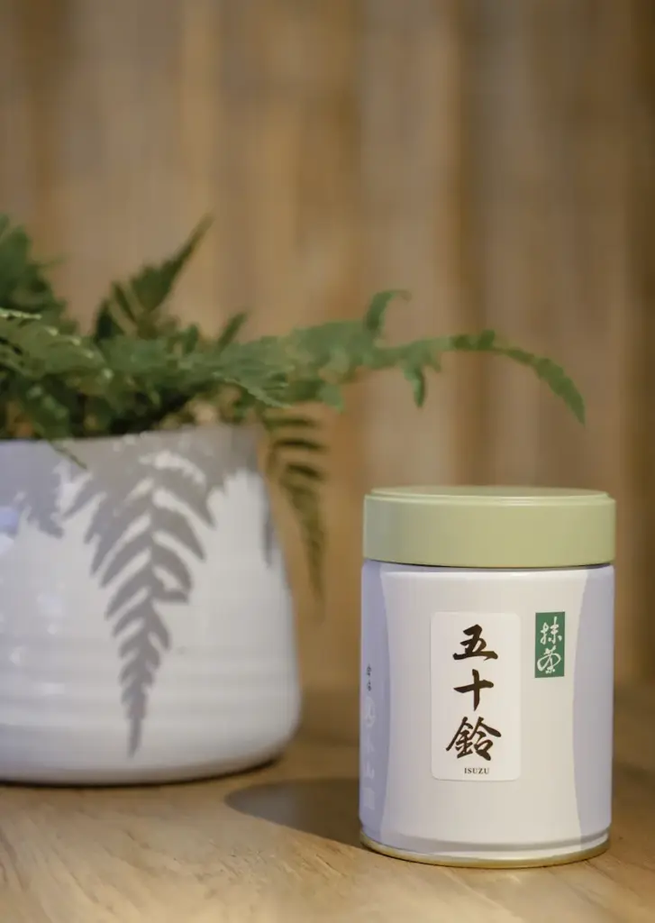 White and pale purple Marukyu Koyamaen Isuzu matcha tin with a light green lid, set on a wooden surface next to a white pot holding a green fern