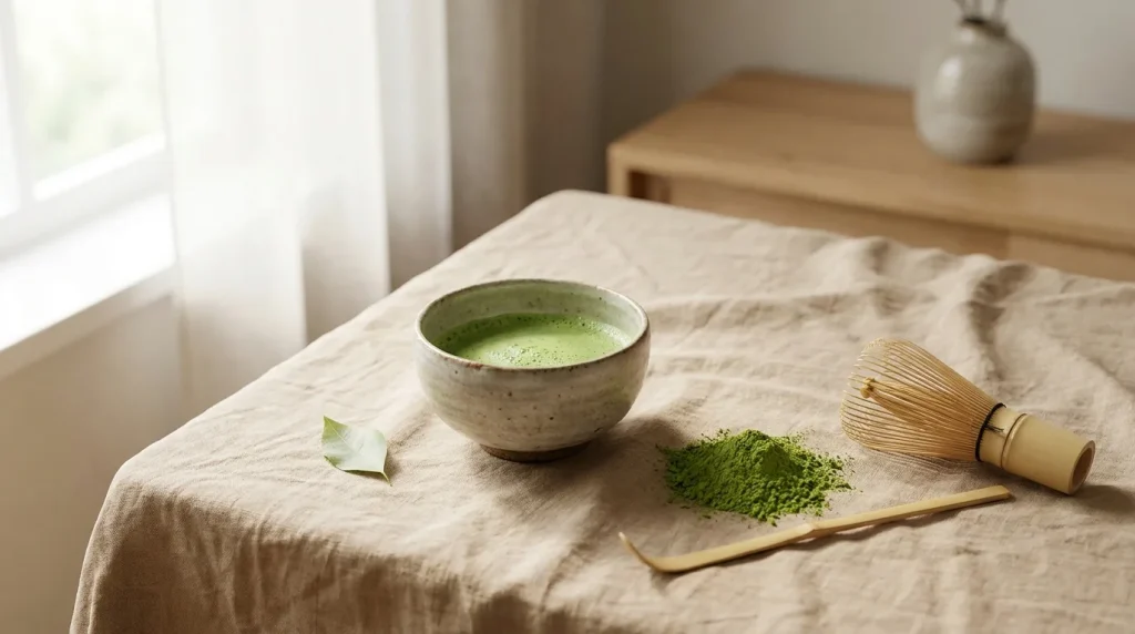 Bright green matcha powder beside a whisked bowl, bamboo whisk, sieve, and measuring scoop
