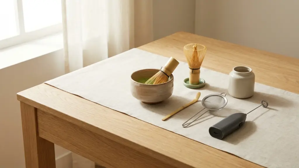 Ceramic tea bowl, bamboo whisk and scoop, sifter, whisk stand, container, and electric frother.