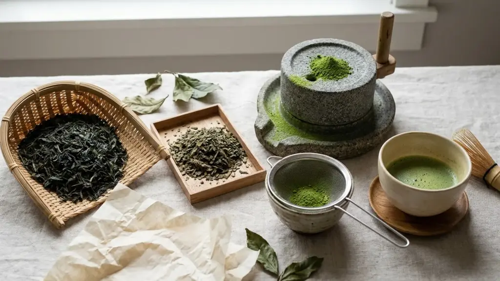 Tea leaves, dried tencha, a stone-milling surface, fine matcha powder, a sieve, and a prepared bowl arranged in sequence.