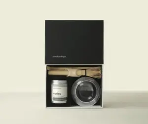 Open Matchæologist kit with Matsu tin, glass bowl, bamboo whisk, and scoop