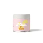 Pink Milia Matcha tin with a white lid and vanilla flavor label