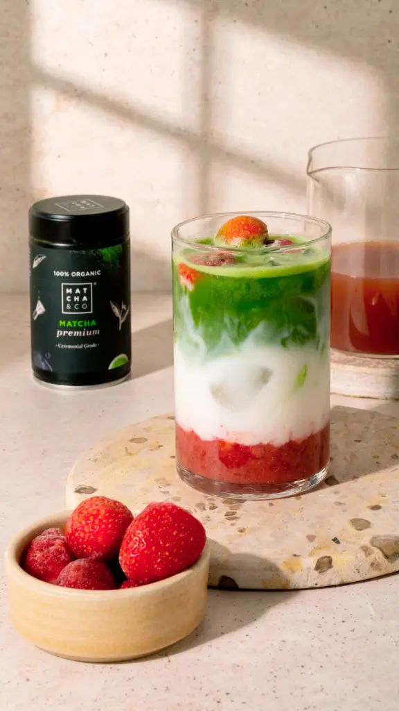 Layered green matcha drink with milk, strawberries, and ice