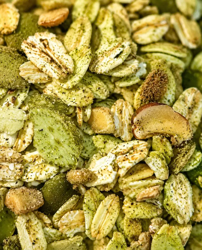 Close-up of green-coated oats, seeds, and nut pieces