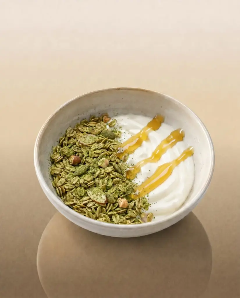 Bowl of white yogurt with green granola and golden drizzle