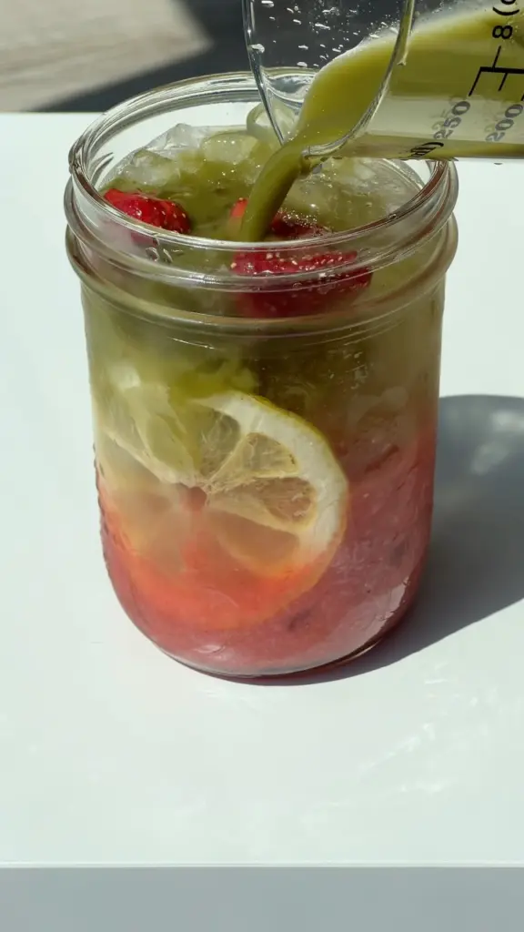 Green liquid poured into an iced pink drink with strawberries and lemon