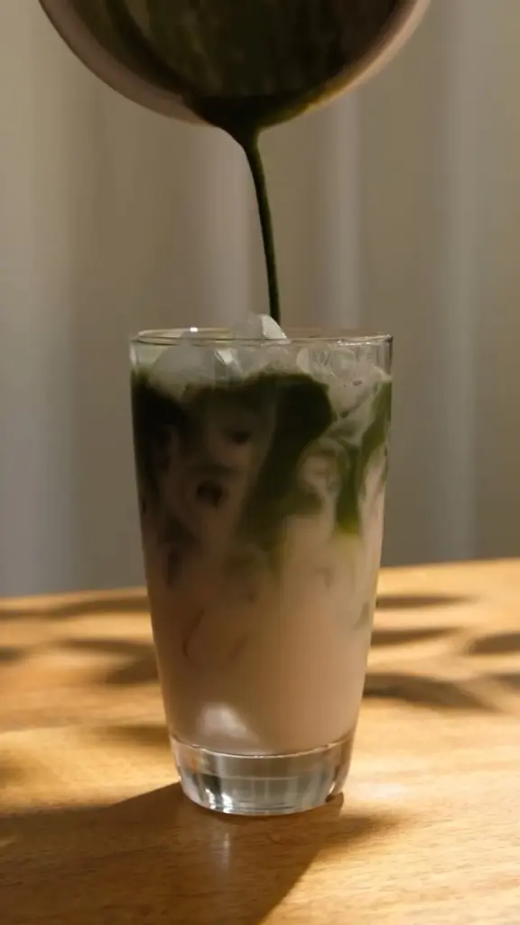 Green matcha pouring into a glass of iced milk
