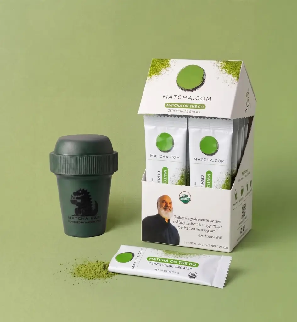 Matcha stick packets, display box, green shaker, and loose green powder