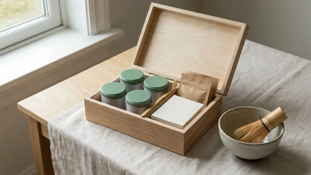 Open unbranded discovery box with plain matcha tins, sample pouches, a scoop, bowl, and bamboo whisk.
